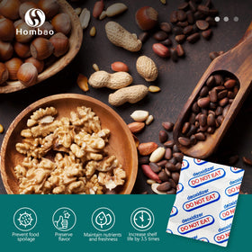 Hombao oxygen absorbers in color coded packaging protect stored foods