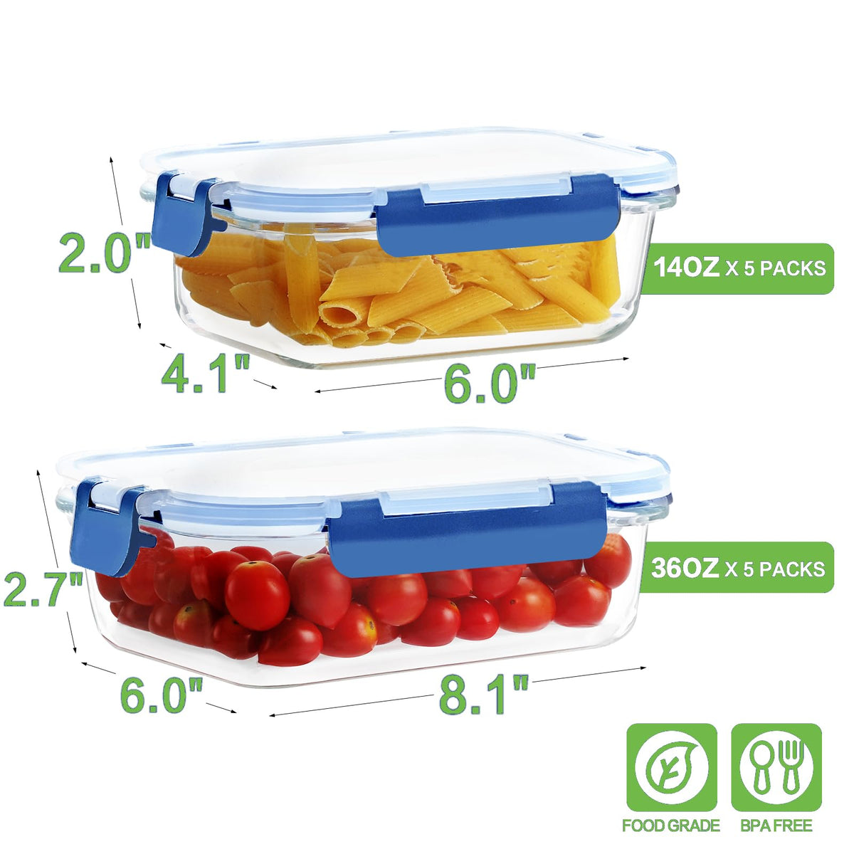 Homberking 14oz rectangle glass container for portion control and easy storage.