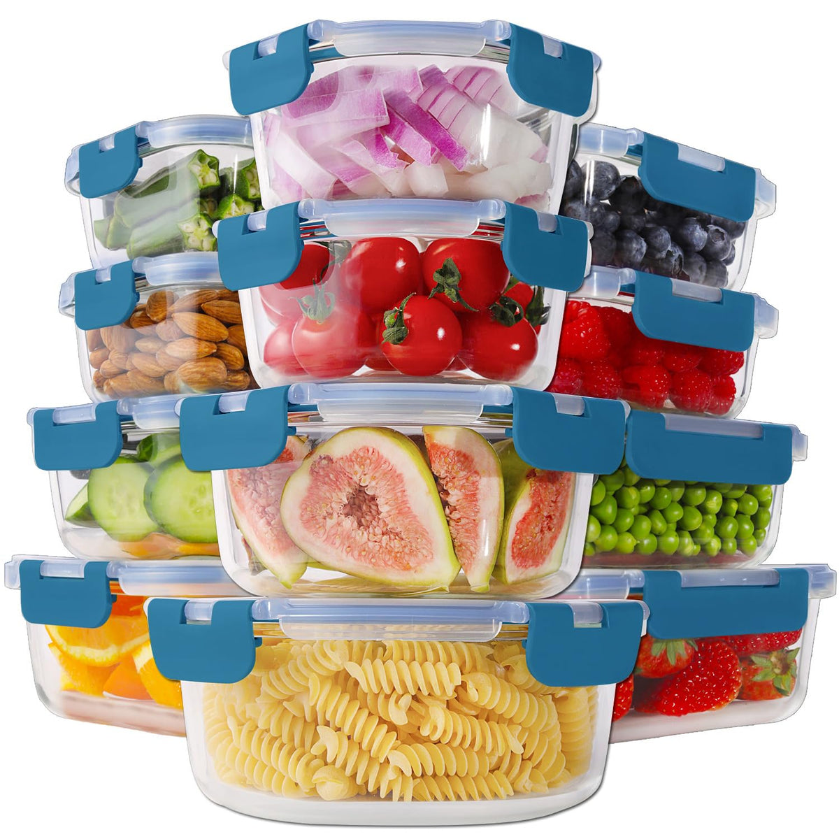 HOMBERKING 24pc glass container set with blue lids, leak-proof design for leftovers