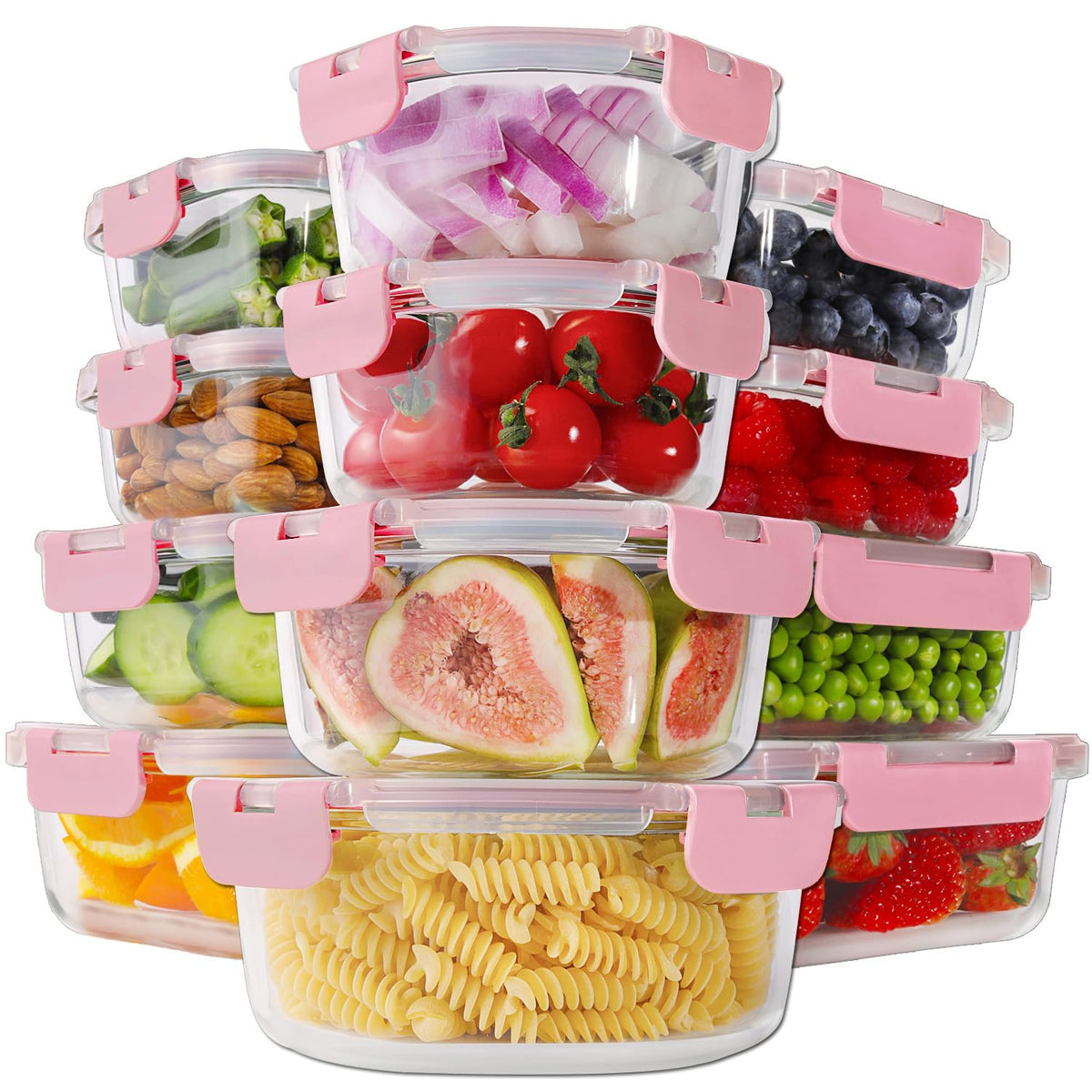 Homberking 24pc glass containers on a kitchen counter for pantry organization