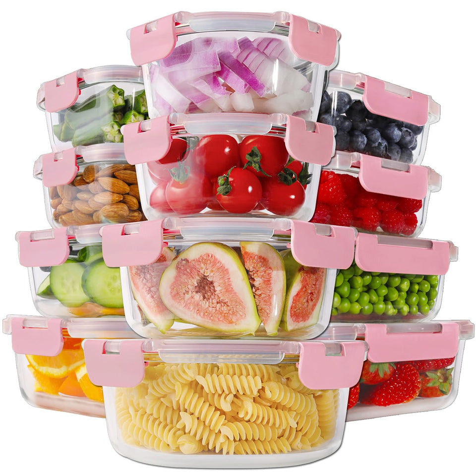 Homberking 24pc glass containers on a kitchen counter for pantry organization