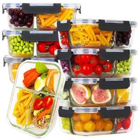 HOMBERKING 8-pack glass containers with three compartments for organized meal prep.