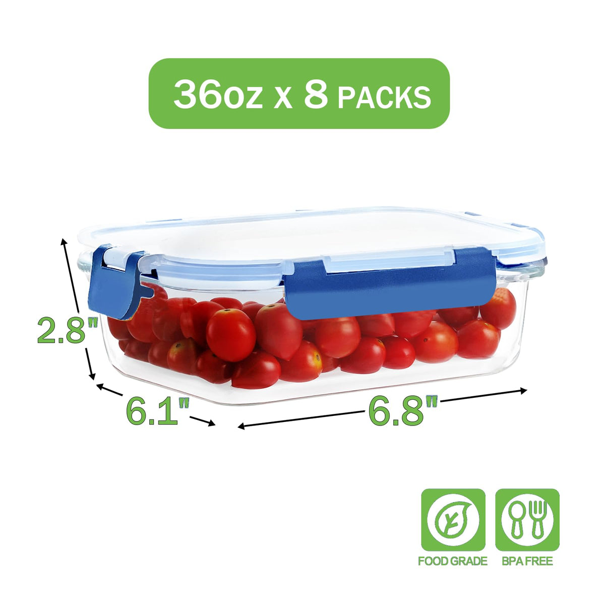 HOMBERKING 8-pack lids close-up with snap-lock seals for leak-proof freshness.