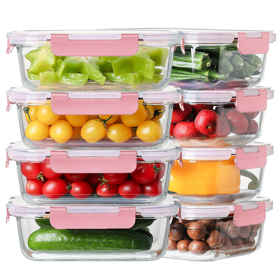 HOMBERKING 36oz glass container with pink snap lid for meal prep and leftovers