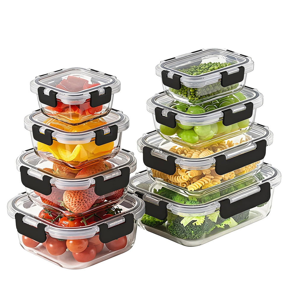 Homberking 8-pack glass containers with lids for organized fridge storage.