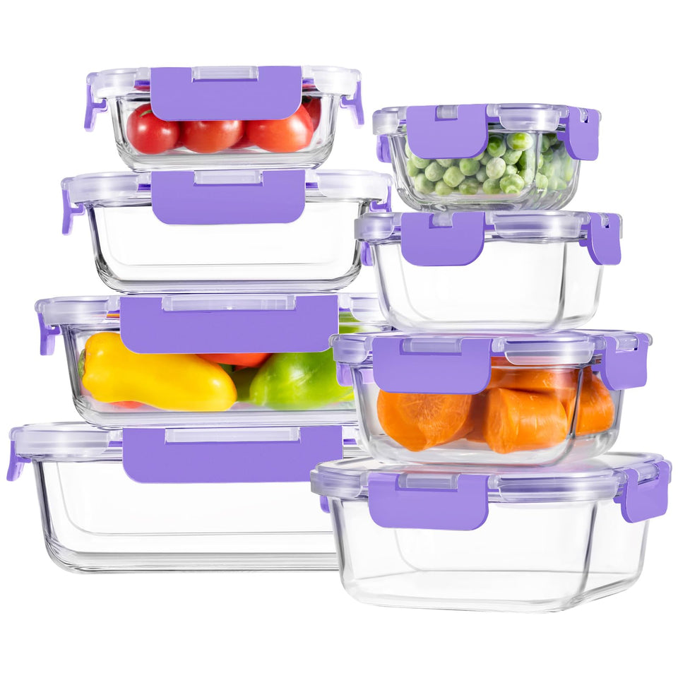 HOMBERKING 8-pack glass containers with lids for meal prep and fridge organization.