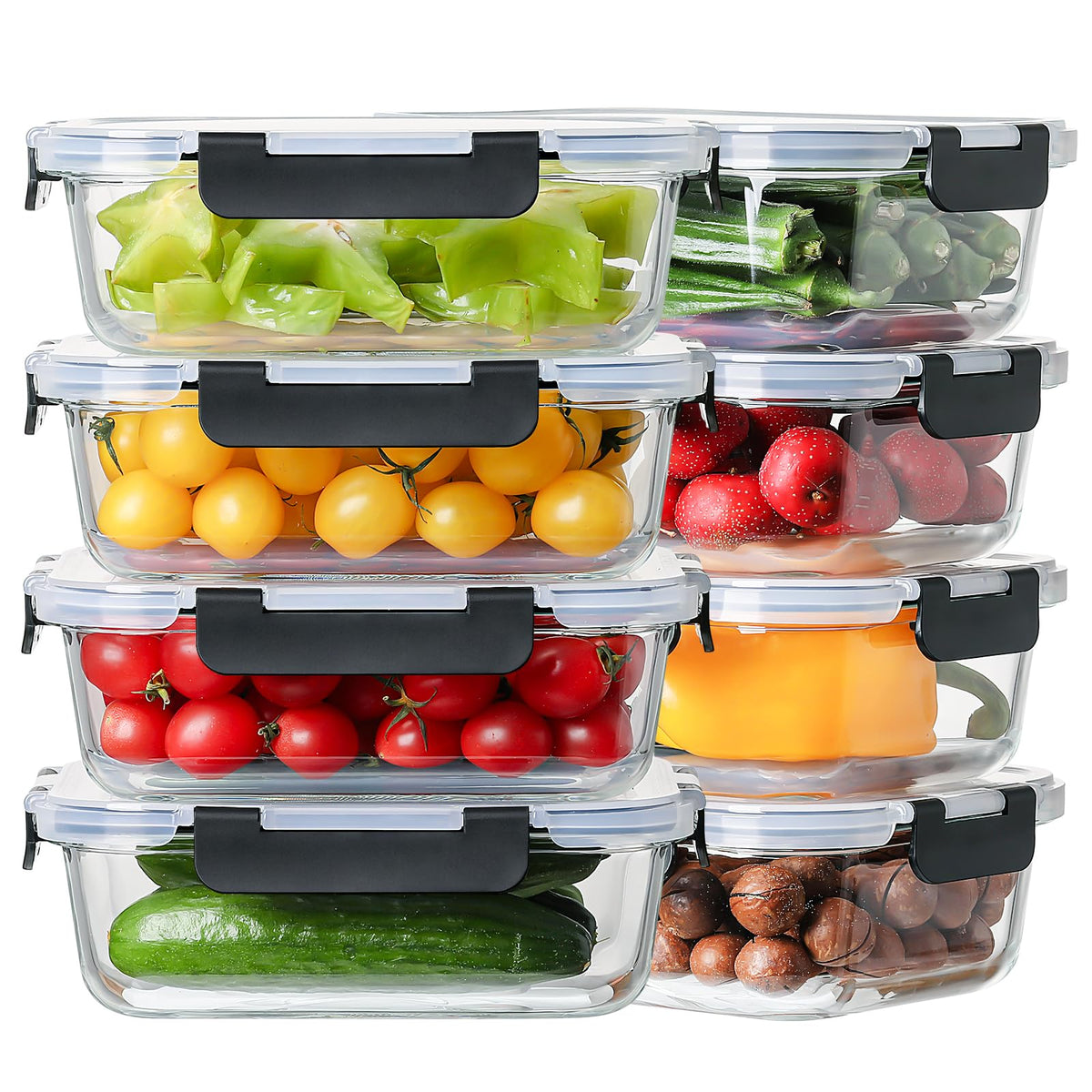 HOMBERKING 8-pack glass containers with three compartments for meal variety and portion control.