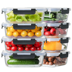 HOMBERKING 8-pack glass containers with three compartments for meal variety and portion control.