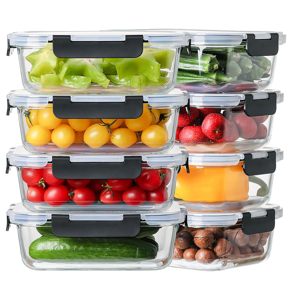 HOMBERKING 8-pack glass containers with three compartments for meal variety and portion control.