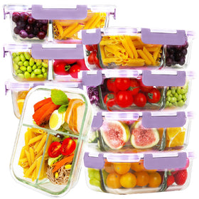 HOMBERKING 8-pack glass meal prep containers with three compartments for organized meals.