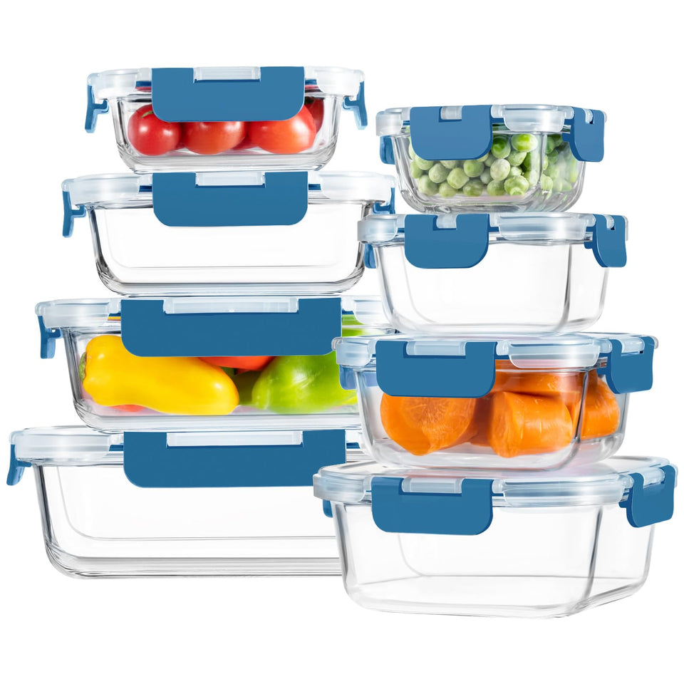 HOMBERKING eight-pack glass containers with lids for meal prep and leftovers