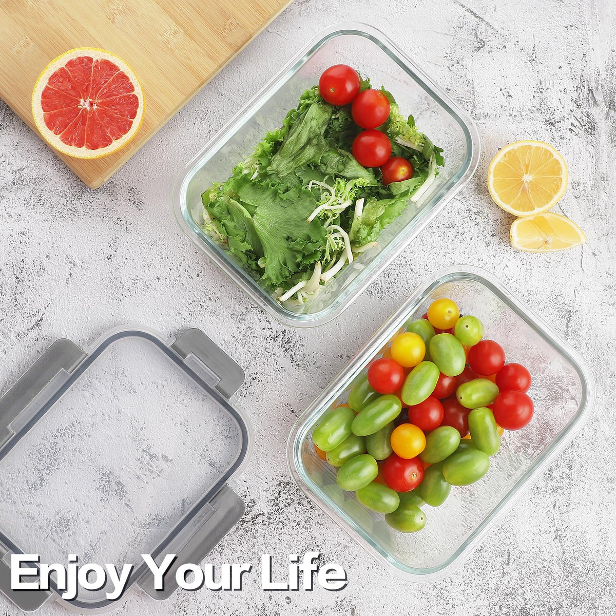 HOMBERKING square glass containers designed for portion control and stackable storage