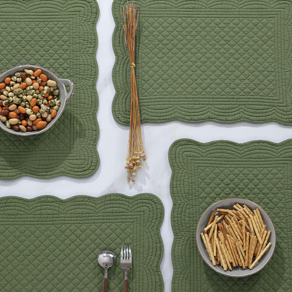 Six placemats arranged on a dining table for indoor or outdoor use.