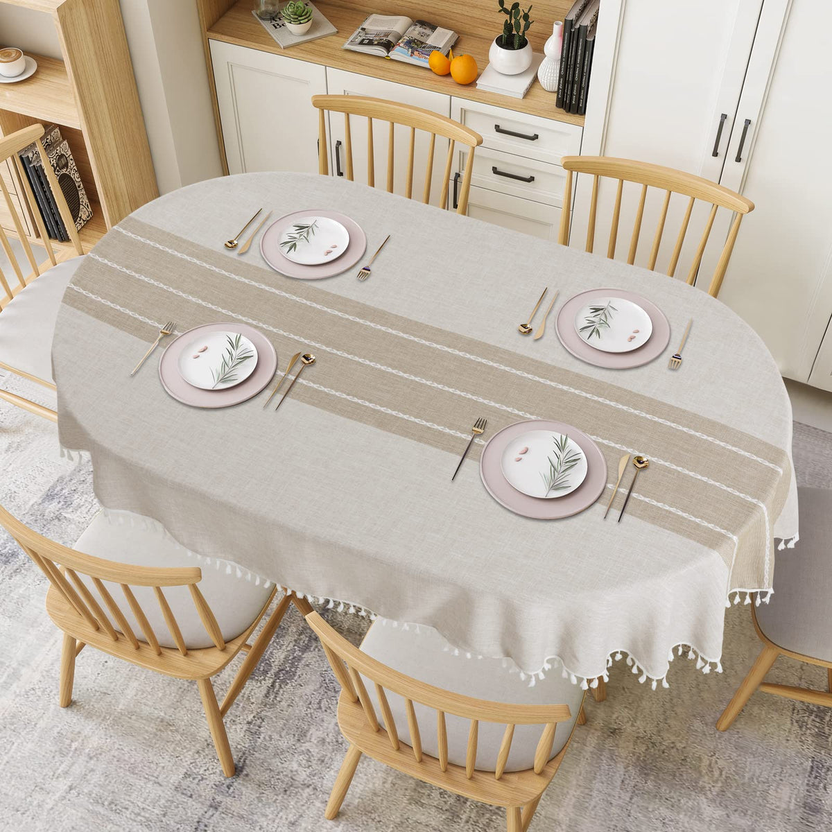 HOMBYS embroidered plaid tablecloth for oval tables enhances casual and formal meals.