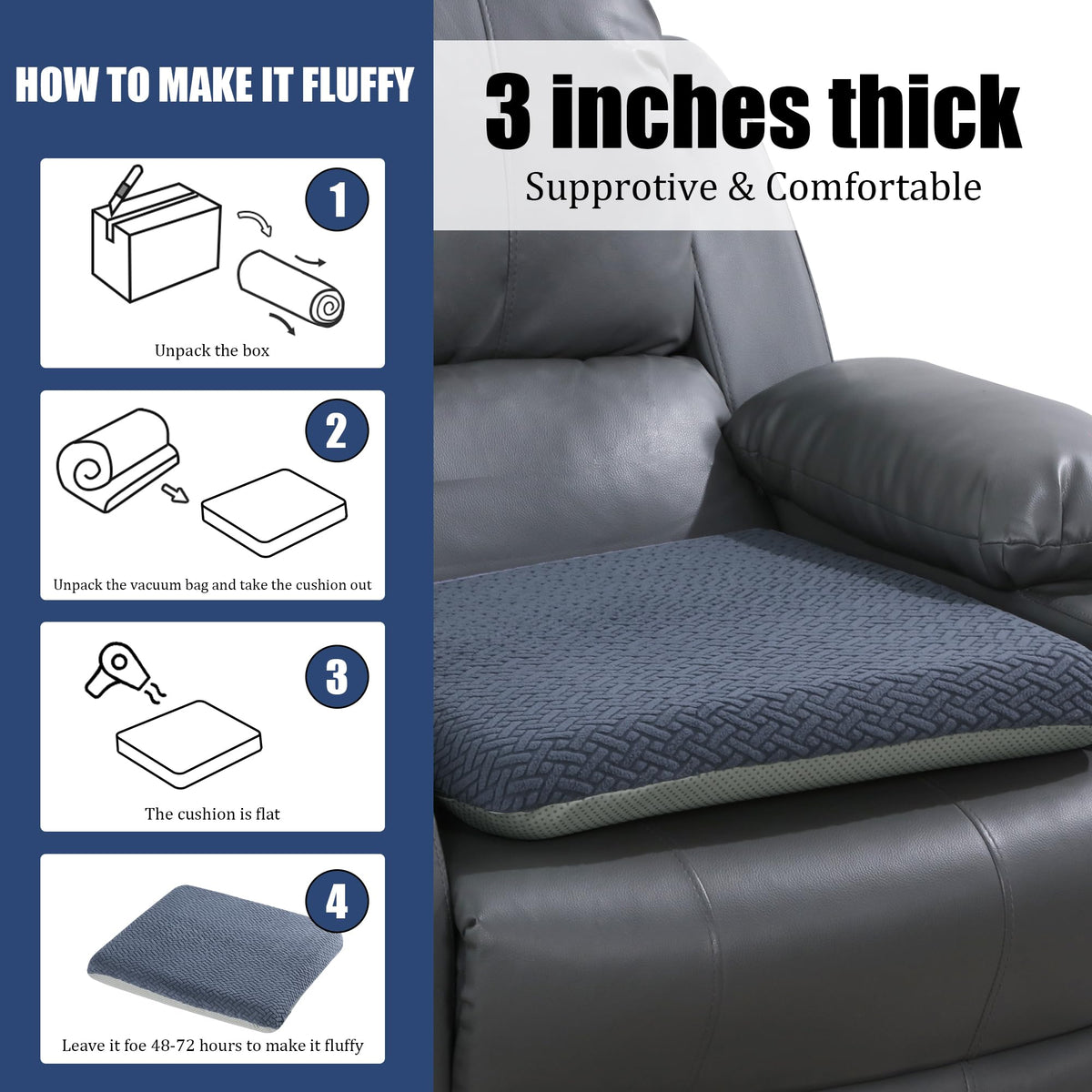 HOMBYS three-inch high density foam contours to hips for balanced support