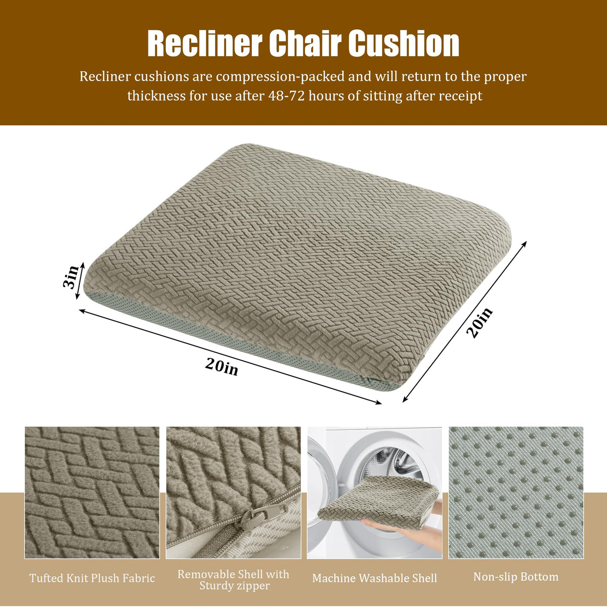 HOMBYS tufted cushion, side angle, shows curvature reducing thigh pressure while seated.