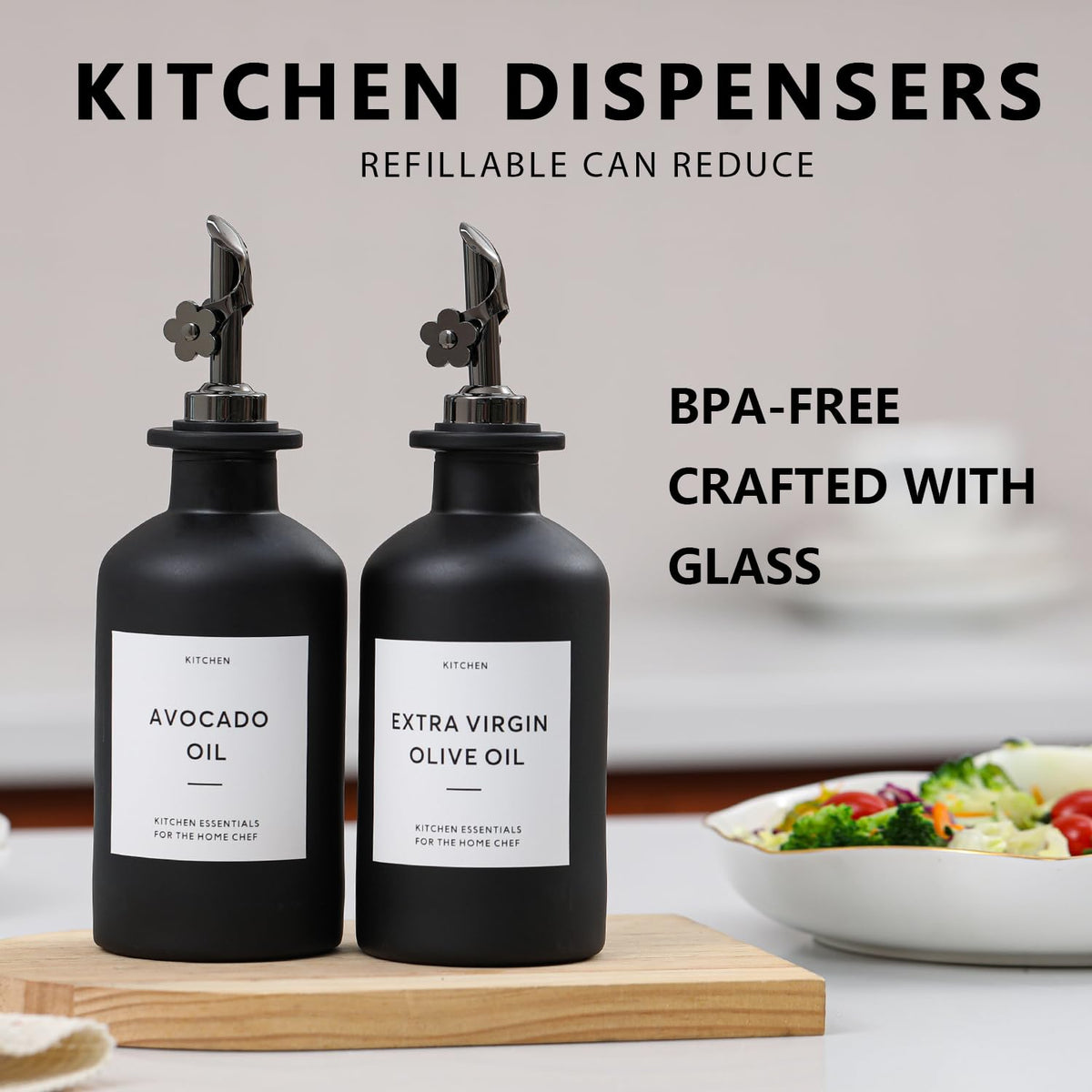 HOMCDALY black stainless steel spouts for precise oil pours.