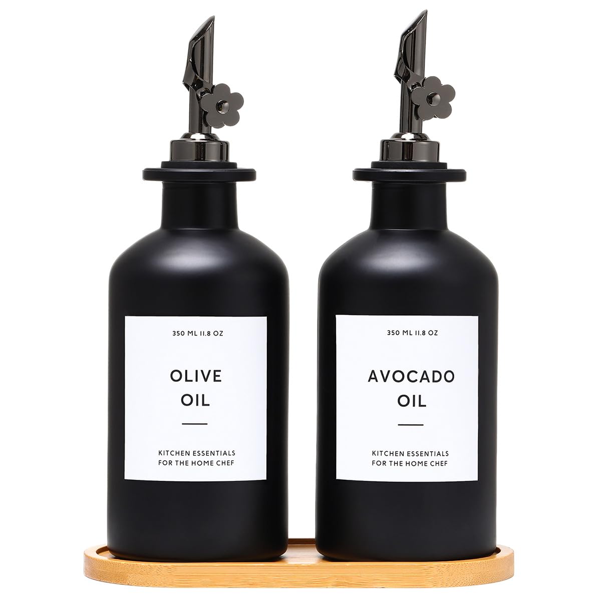 HOMCDALY olive oil dispenser bottles on the counter for controlled, mess-free pouring.