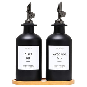 HOMCDALY olive oil dispenser bottles on the counter for controlled, mess-free pouring.