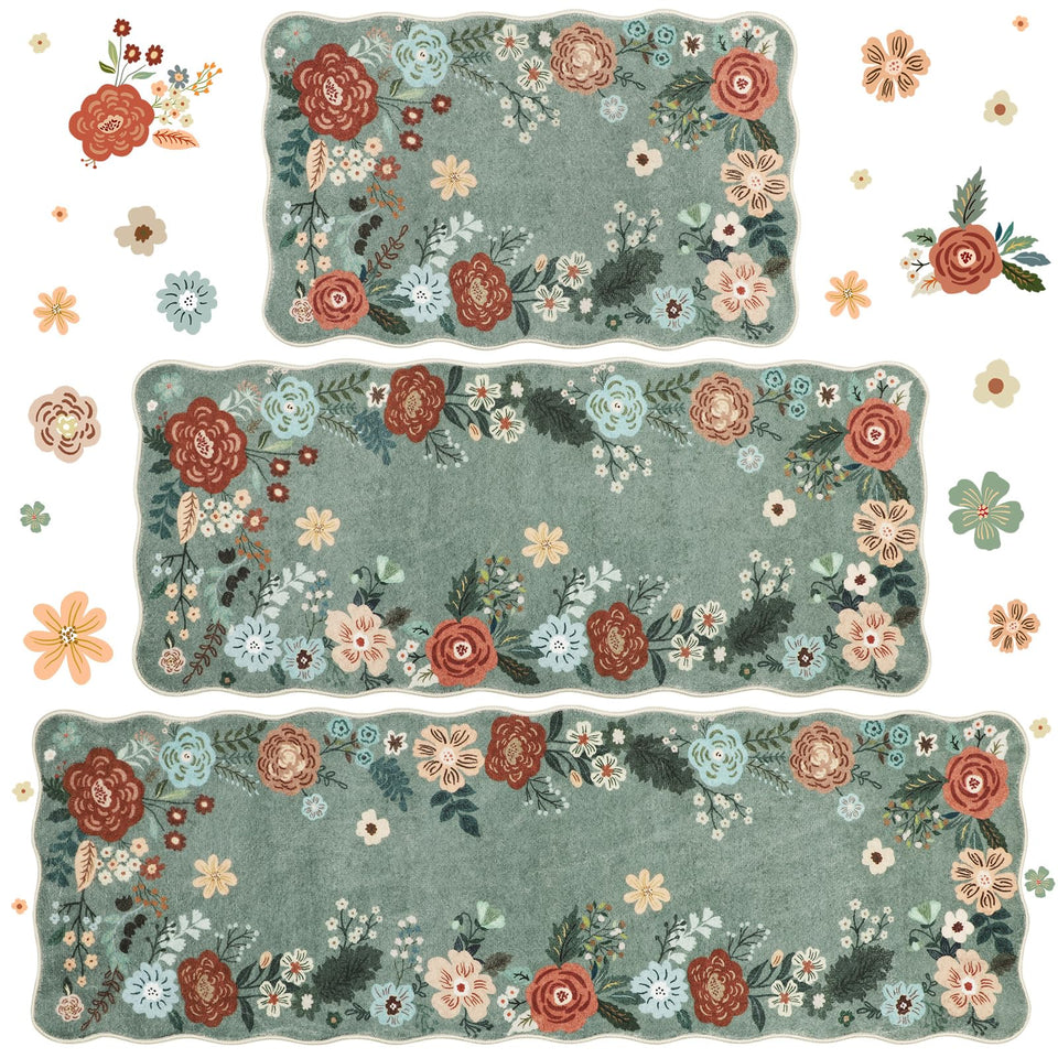 Homcomoda floral kitchen rug 3pc set with scalloped edges adds cozy vintage charm.