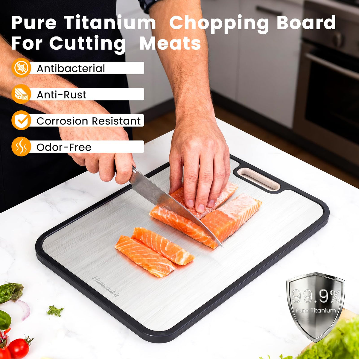 Homcookit non-slip edge keeps the board steady while chopping.