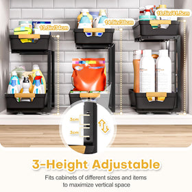 Homde adjustable-height 2-tier unit shown at multiple heights for tall items.