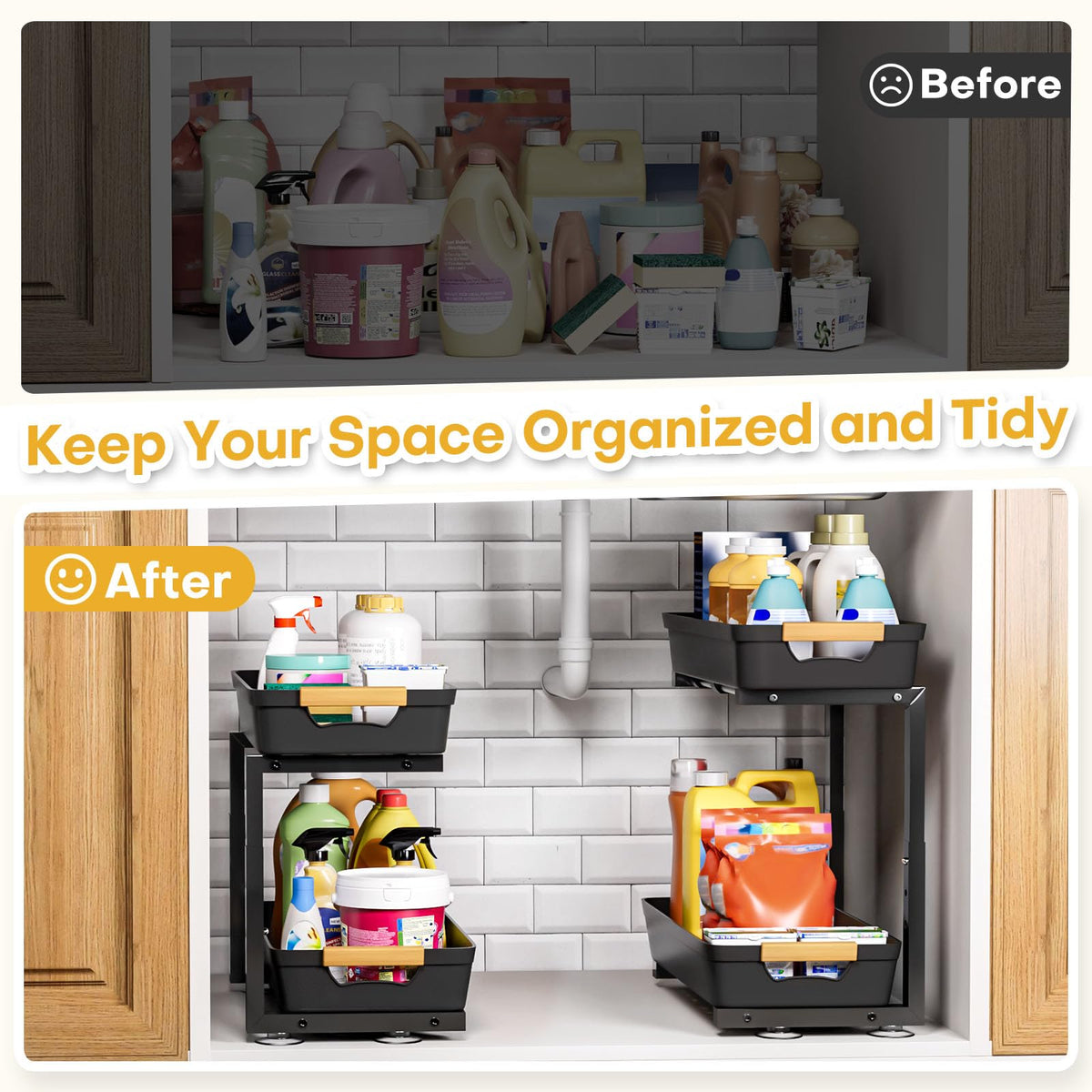 Homde under-sink organizer used as a countertop spice rack in a kitchen.