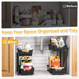 Homde under-sink organizer used as a countertop spice rack in a kitchen.