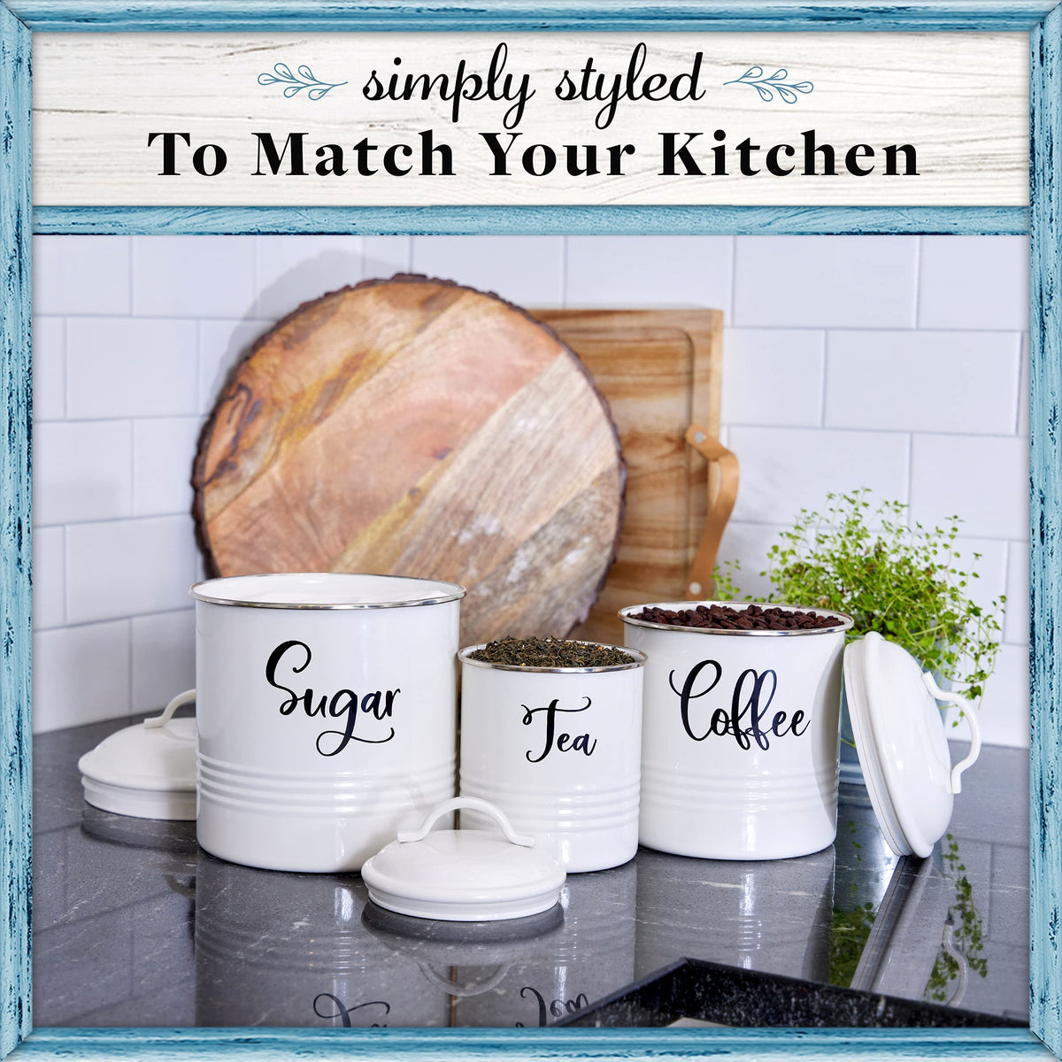 Home Acre Designs canisters keep tea, coffee, and sugar within easy reach.