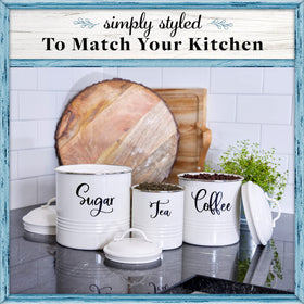 Home Acre Designs canisters keep tea, coffee, and sugar within easy reach.