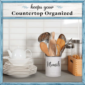 Home Acre Designs utensil crock holds spatulas and ladles for quick access.