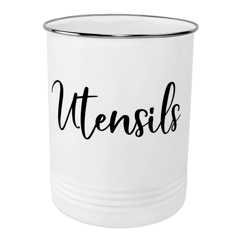 Home Acre Designs utensil holder with stainless rim keeps spatulas within easy reach.