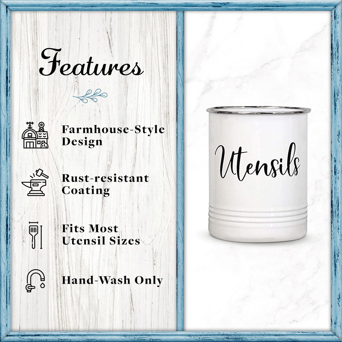 Home Acre Designs vintage farmhouse utensil holder enhances rustic kitchen decor.