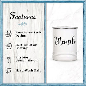 Home Acre Designs vintage farmhouse utensil holder enhances rustic kitchen decor.