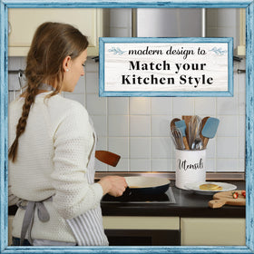 Home Acre Designs white ceramic utensil holder adds timeless charm to kitchens.