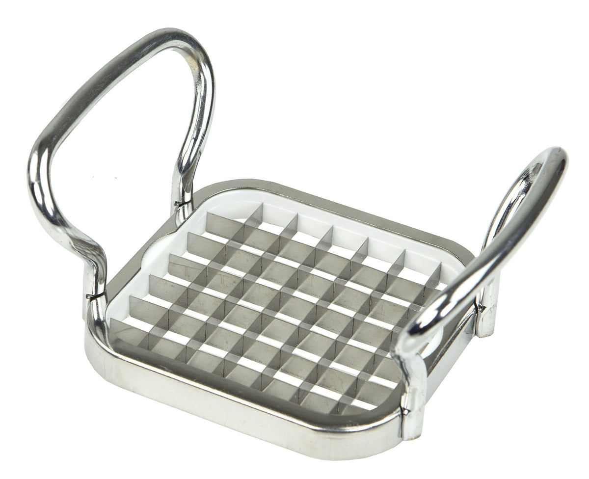 Home Basics French Fries Cutter with silver finish for quick, uniform fries.