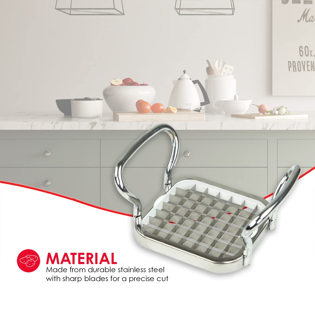 Home Basics French fries cutter shows stainless steel blades for precise slicing.