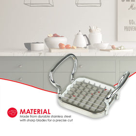 Home Basics French fries cutter shows stainless steel blades for precise slicing.