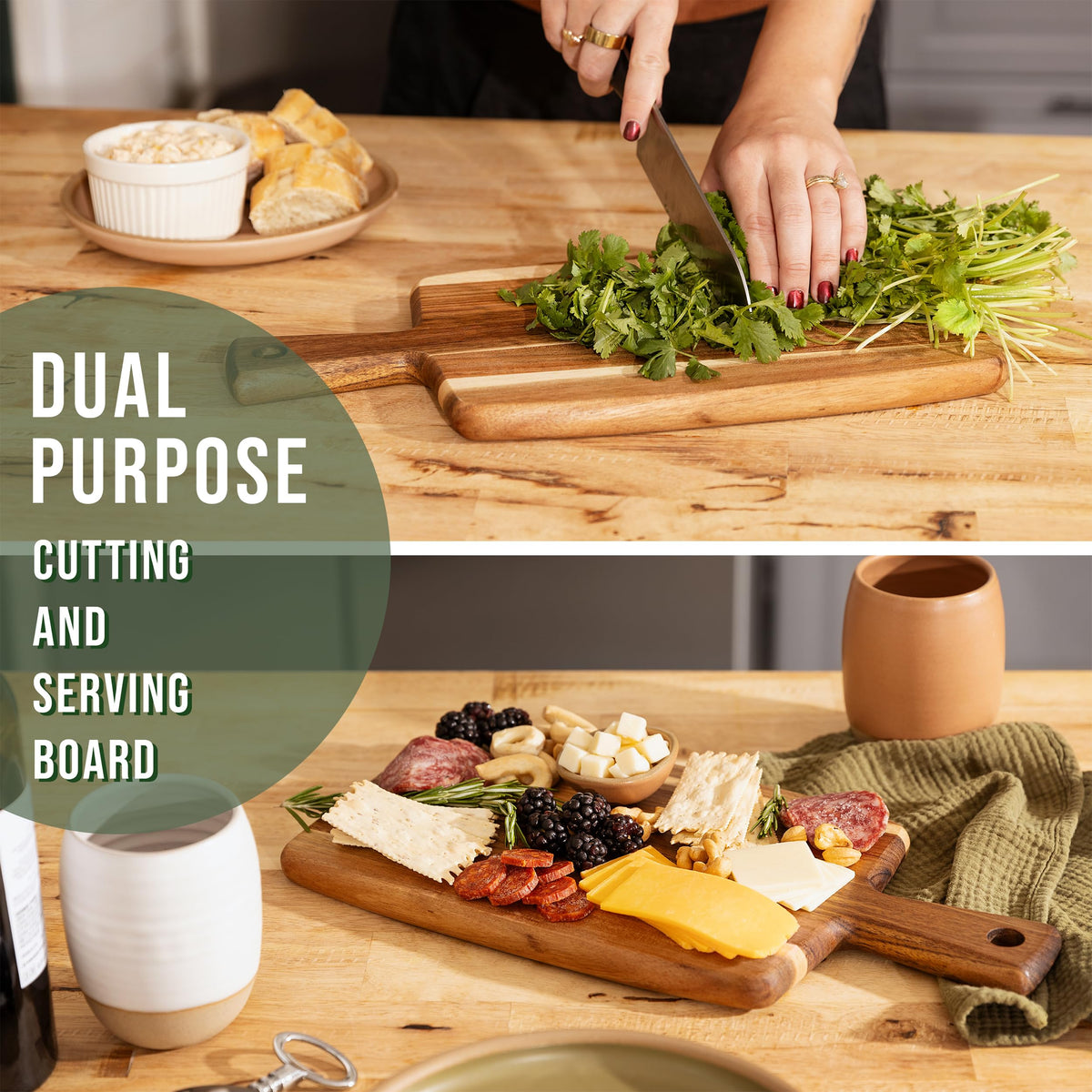 Home Beets acacia serving board layout for appetizers and cheese.