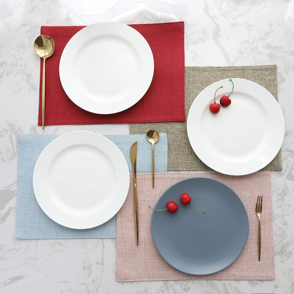 Home Brilliant faux linen burlap placemats add warmth and easy clean-up after family dinners.