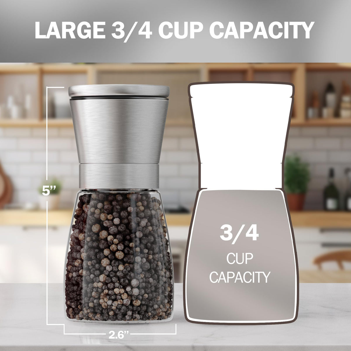 HOME EC glass bottle with stainless sleeve highlights BPA-free clarity for clean, accurate grinding.