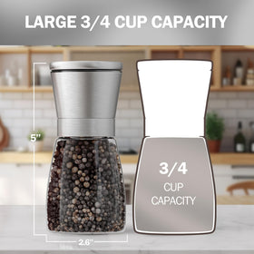 HOME EC glass bottle with stainless sleeve highlights BPA-free clarity for clean, accurate grinding.