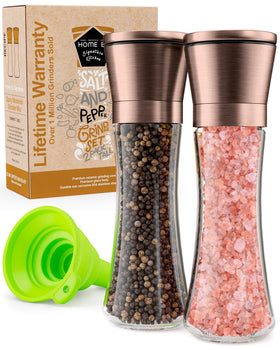 Home EC copper salt and pepper grinders on glass bottles with adjustable ceramic grind