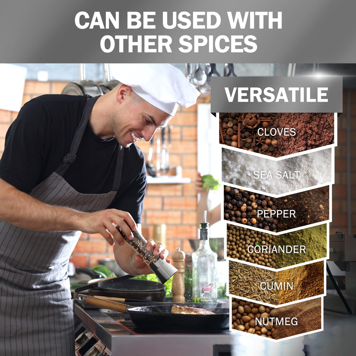 HOME EC stainless lid close-up demonstrates moisture-sealing cap keeps spices fresh.