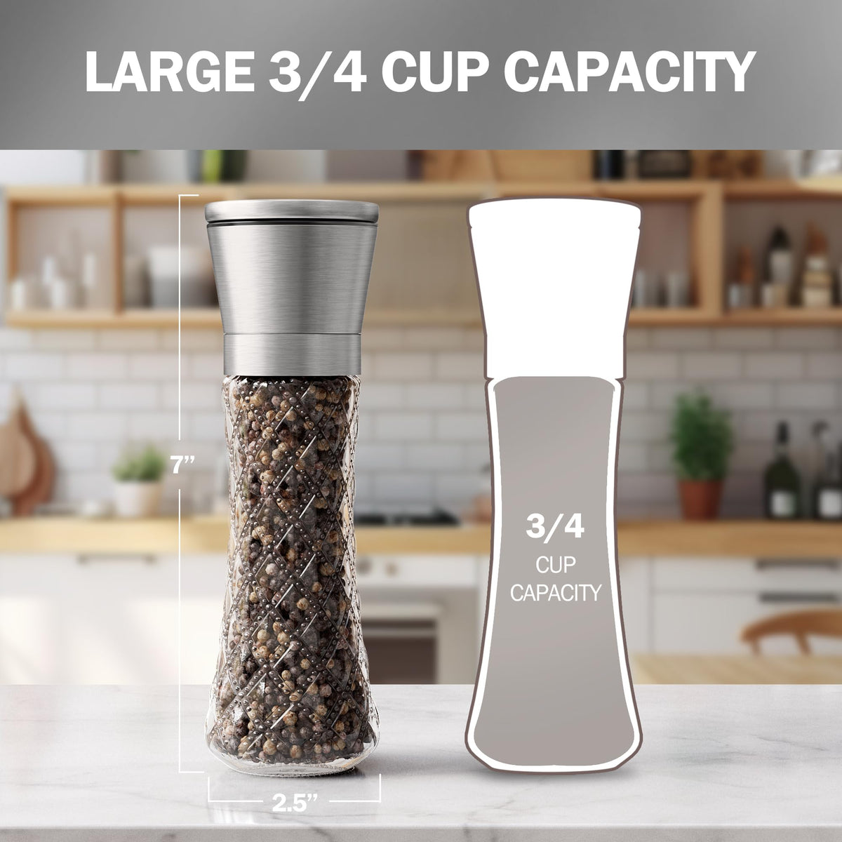 HOME EC Original pepper grinder top view highlighting adjustable ceramic coarseness for flavorful grinding.