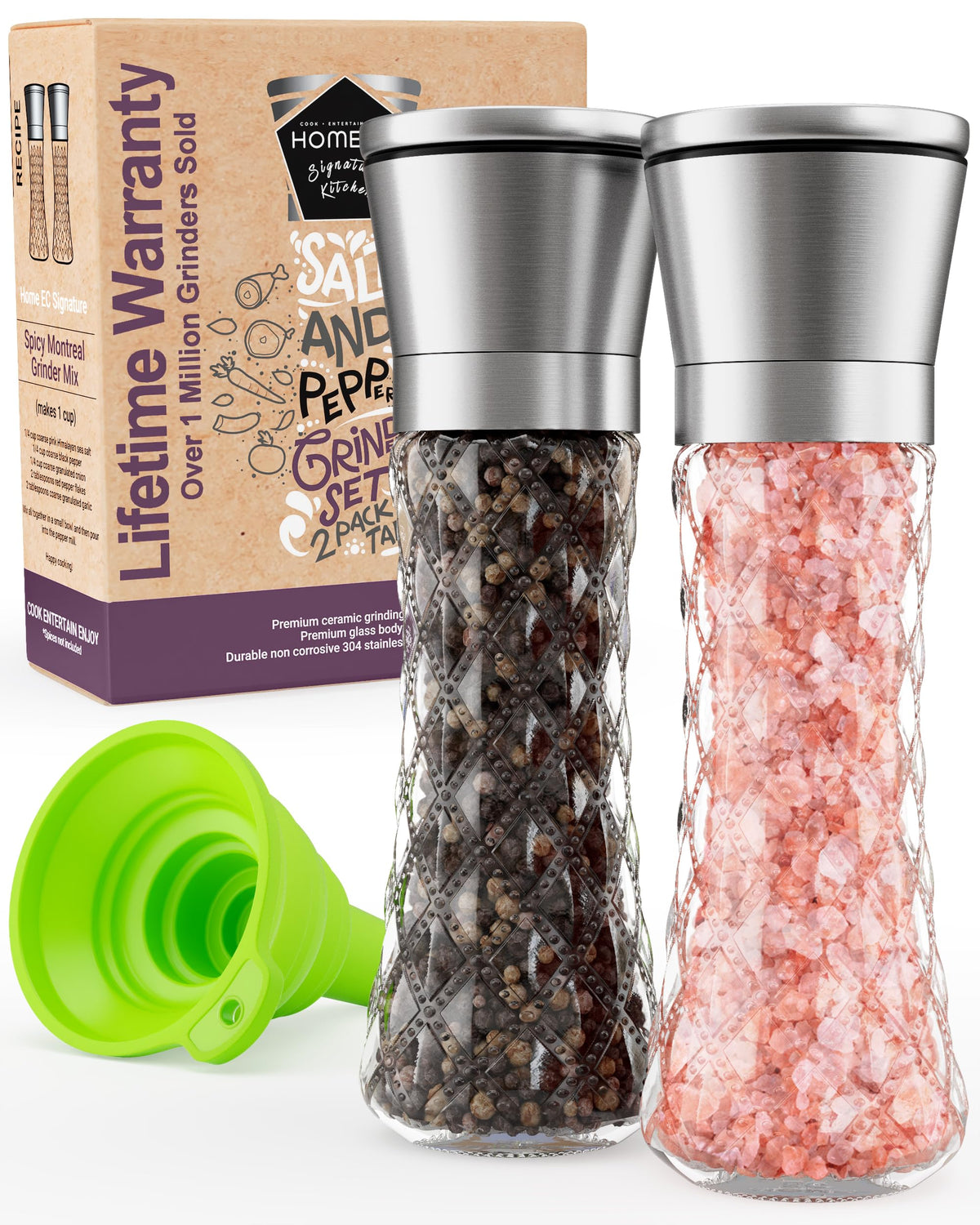 HOME EC Original salt grinder top view with adjustable ceramic coarseness for precise seasoning.