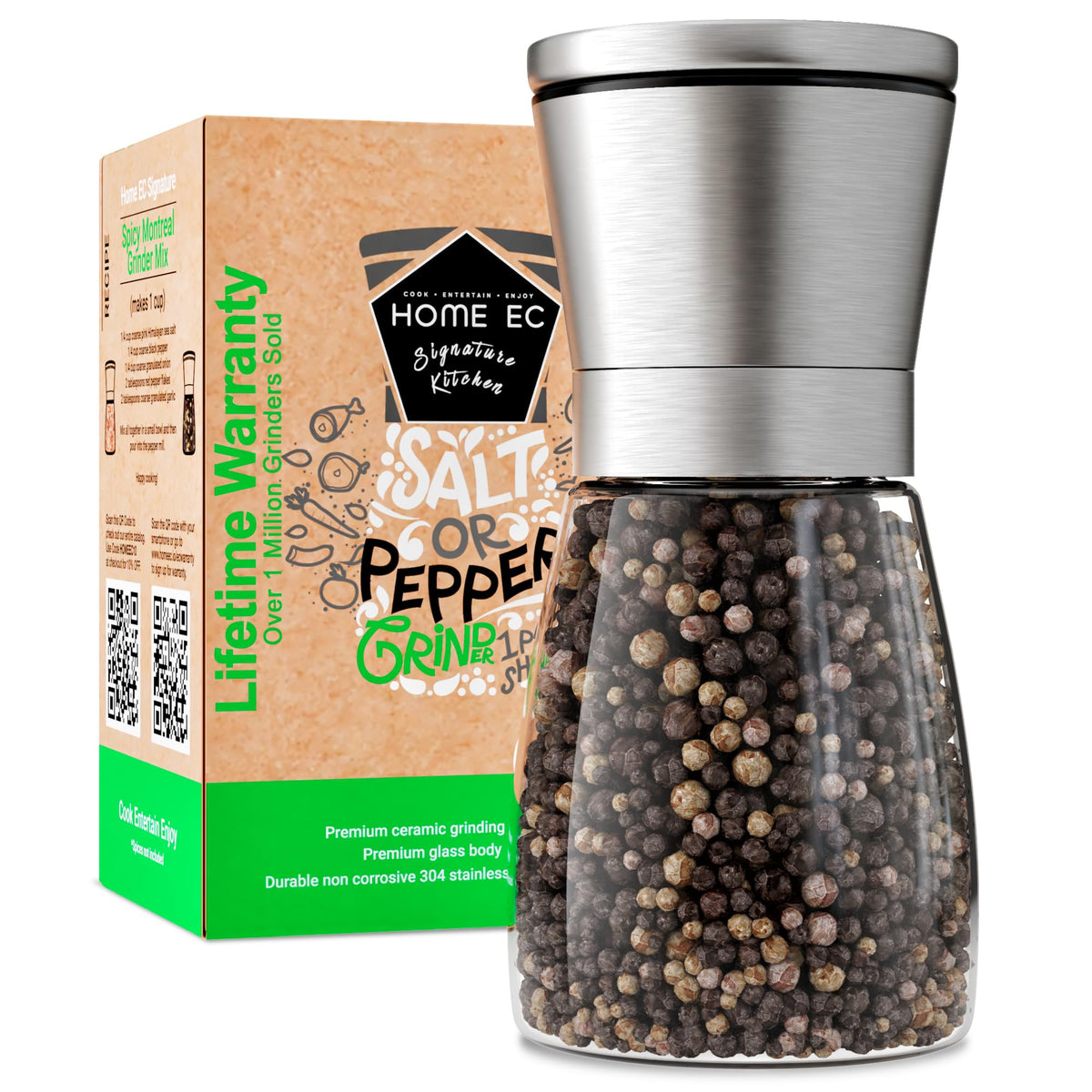 HOME EC salt and pepper grinder top view shows adjustable coarseness for fresh seasoning.