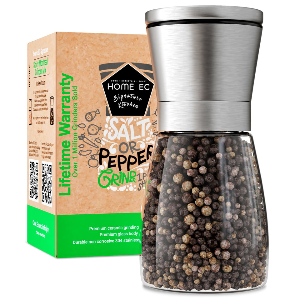 HOME EC salt and pepper grinder top view shows adjustable coarseness for fresh seasoning.