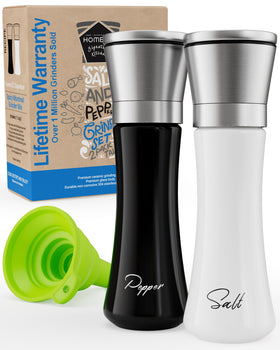 HOME EC salt and pepper grinders top view, compact and stylish for everyday dining.