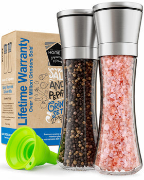 Home EC tall glass grinders with stainless lid offer precise seasoning.